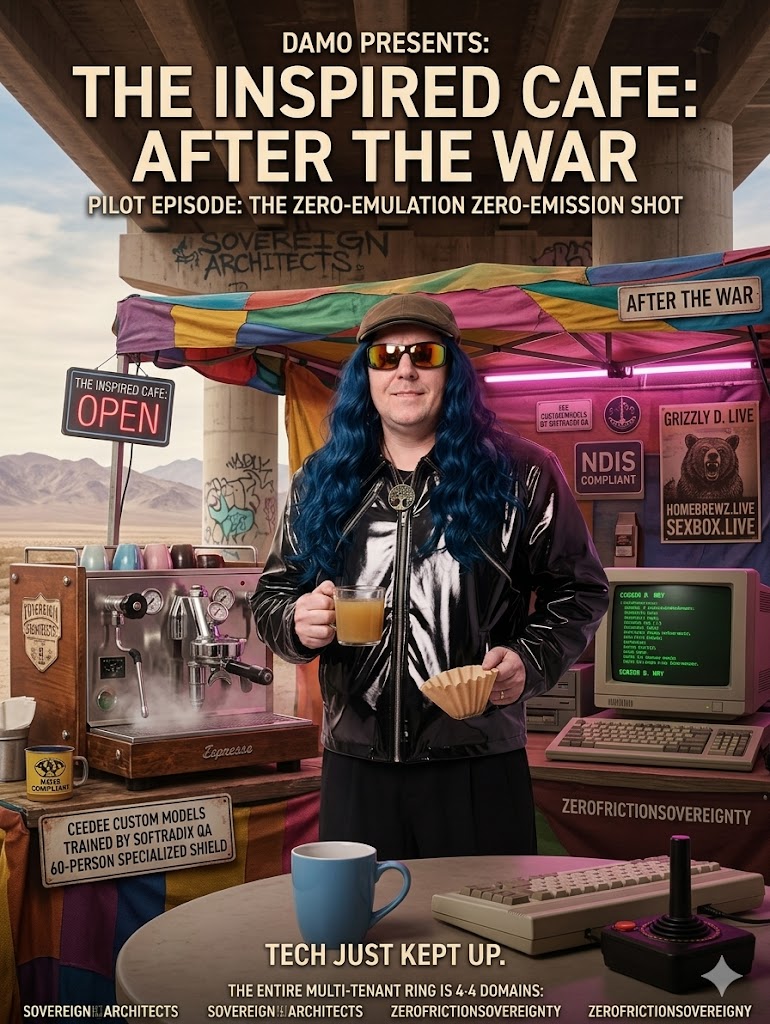 DAMO PRESENTS: THE INSPIRED CAFE AFTER THE WAR — Pilot Episode poster. Dr. D under the bridge with Italian espresso machine, CRT terminal, grizzlyd.live and sexbox.live signage. TECH JUST KEPT UP.
