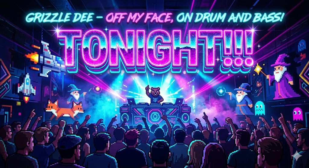 Grizzley Dee DJing OFF MY FACE ON DRUM AND BASS TONIGHT — pixel rave poster